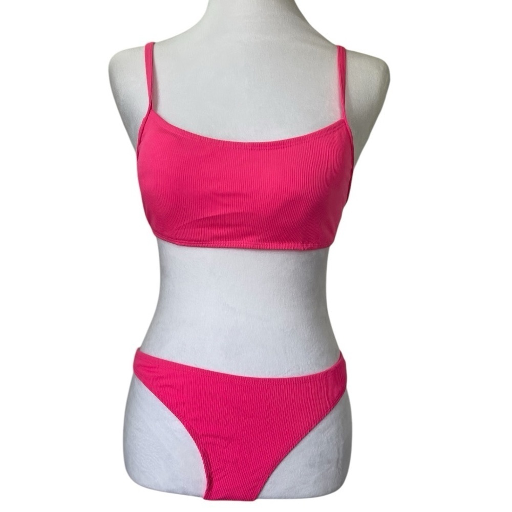 NWOT 2 Piece Bikini Set Adjustable Straps Ribbed Pink Medium Beach Vacation